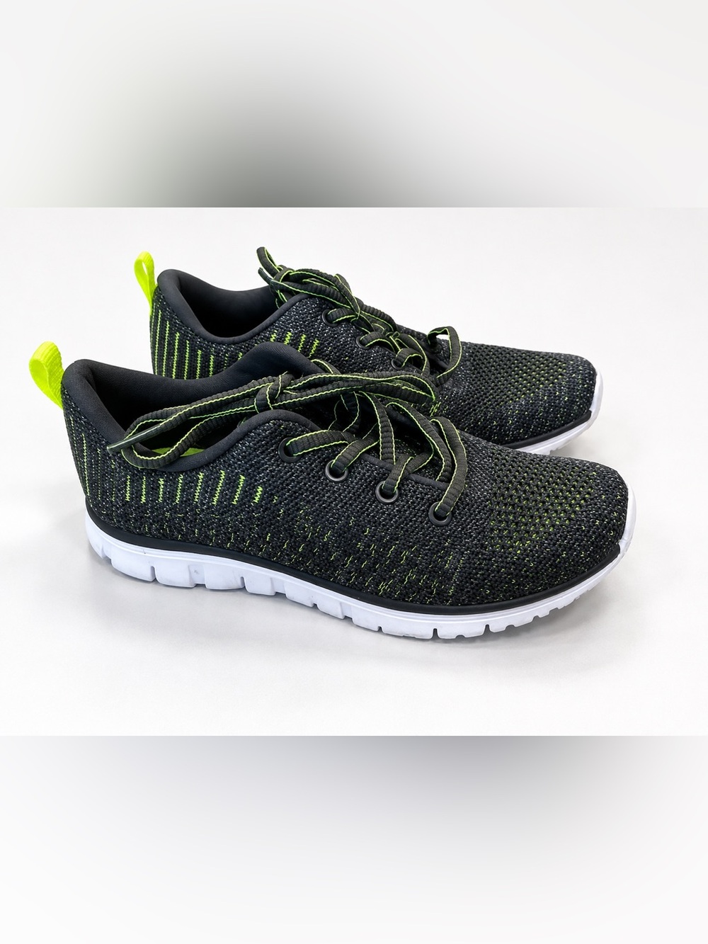 Kids Athletic Sneakers Dark Gray Neon Green Lace Up Gym Running Shoes Size 2